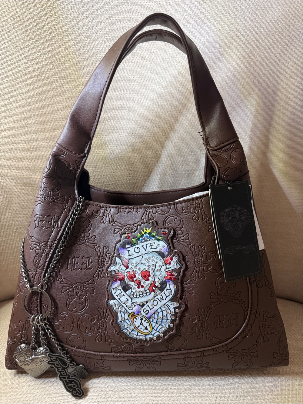 Ed Hardy Embellished Brown Women’s Shoulder Bag with Charm Accents